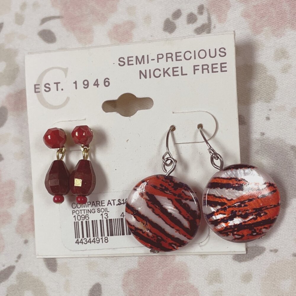 Pierced Ear Earring Set - 2 Pair - Red Accents - One Dangle Set; One Post